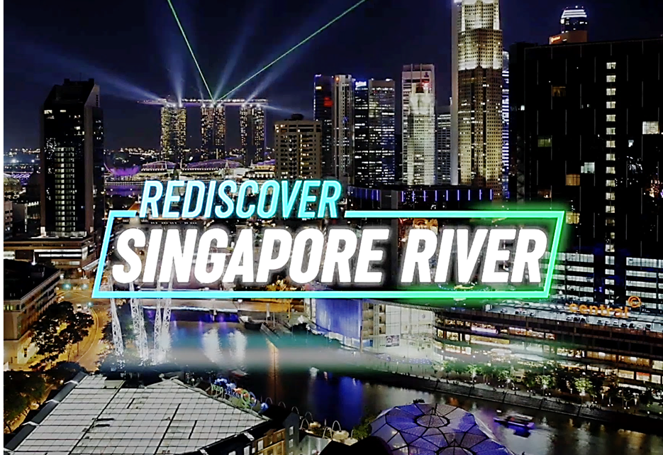 Night aerial view of Singapore River with lit skyline and laser lights, overlaid with text Rediscover Singapore River.